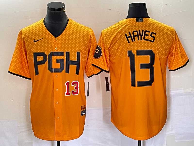 Mens Pittsburgh Pirates #13 KeBryan Hayes Number Gold 2023 City Connect Stitched Jersey